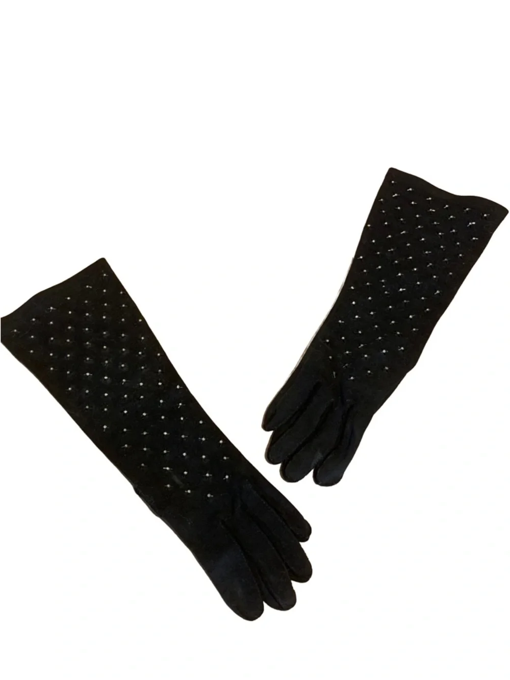 VINTAGE 1980'S CRESCENDOE BLACK SUEDE W/STRETCH RHINESTONE LONG EVENING GLOVES